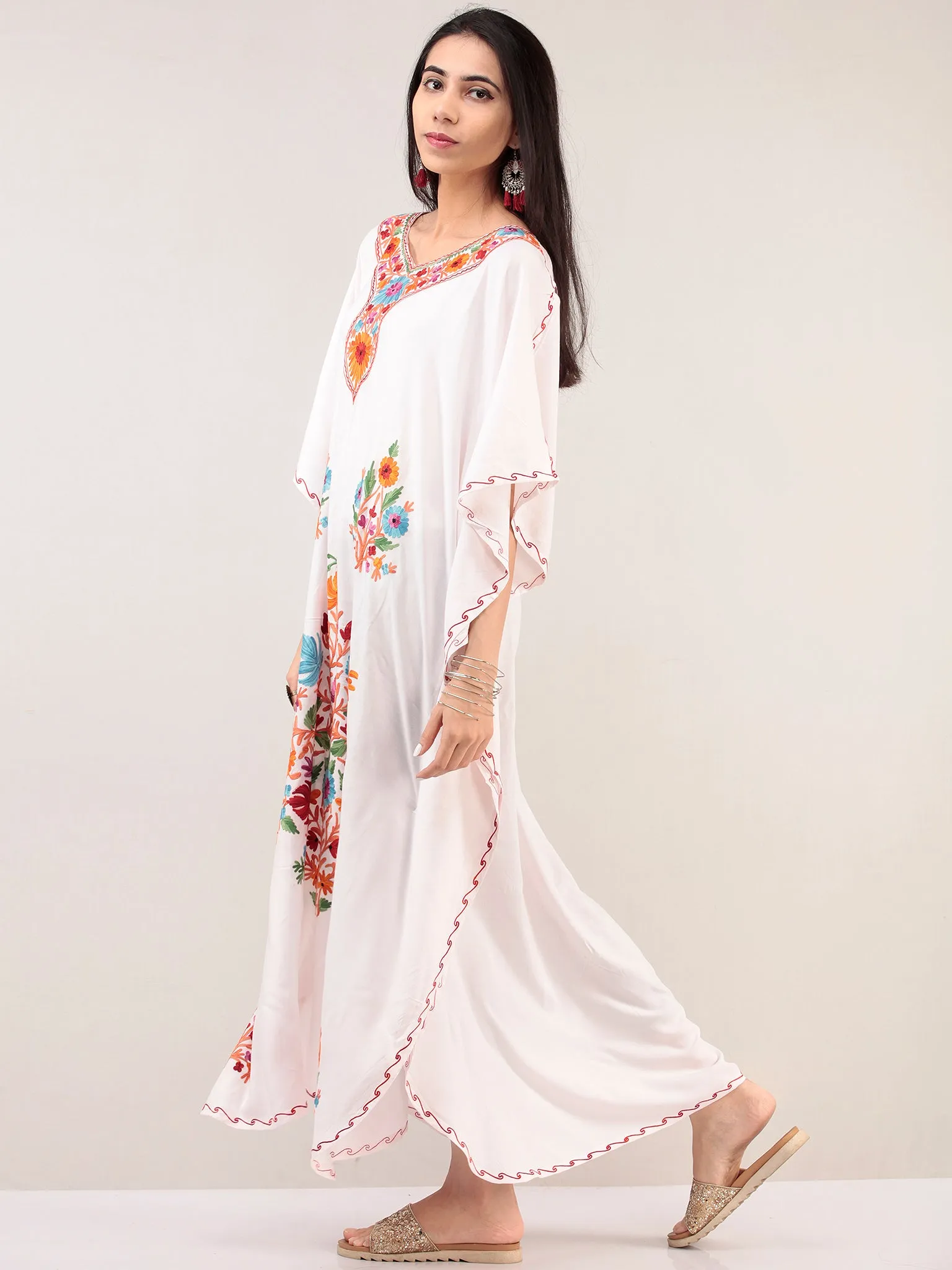 White Multicolor Aari Embroidered Kashmere Free Size Kaftan  - K12K023
