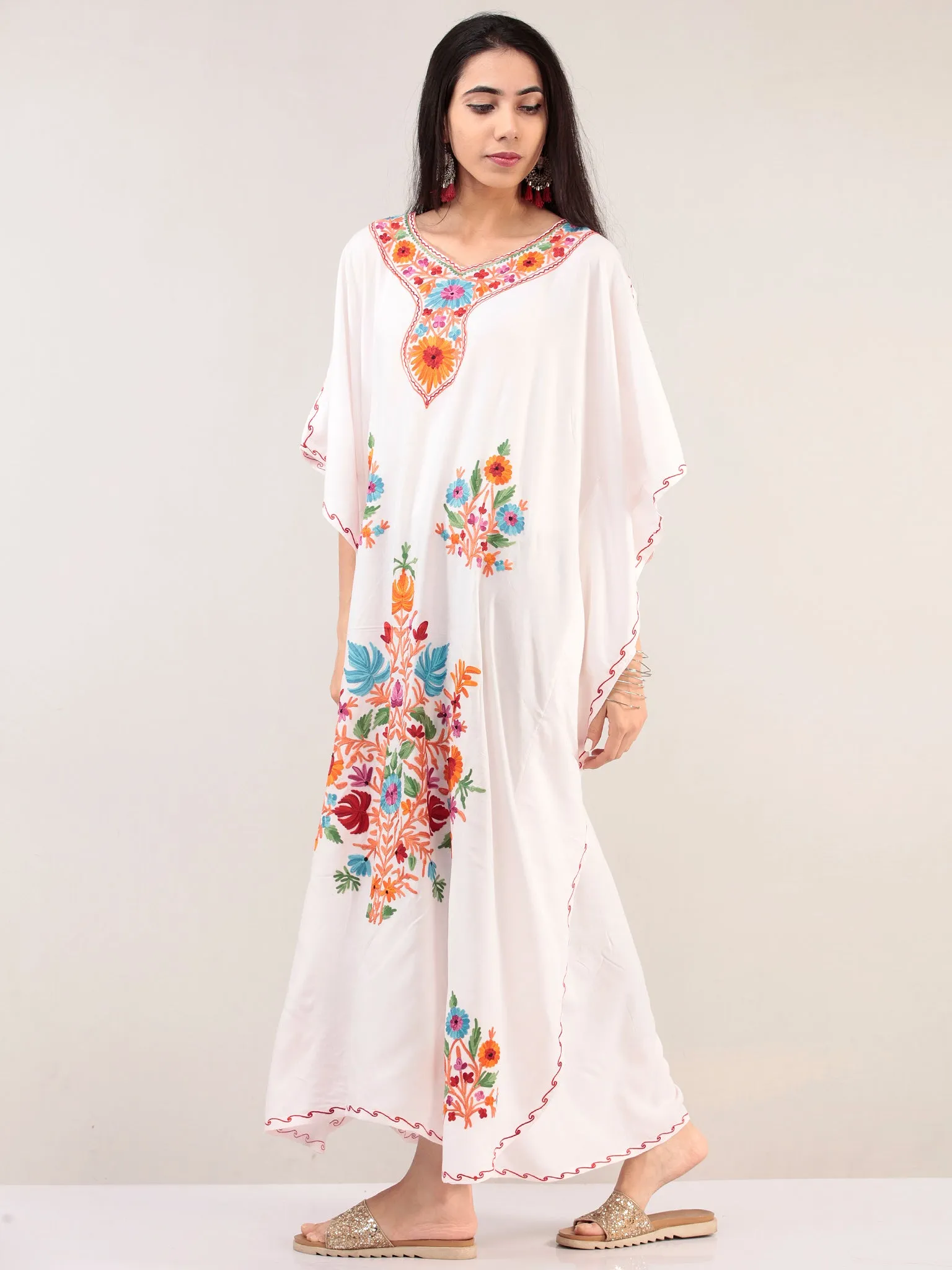 White Multicolor Aari Embroidered Kashmere Free Size Kaftan  - K12K023