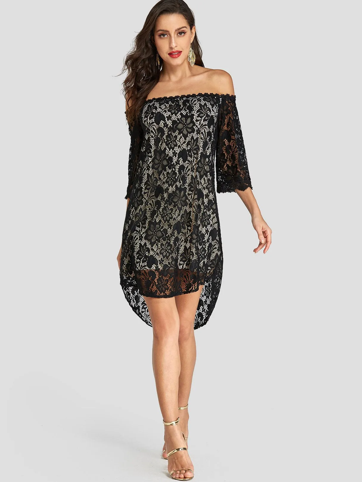 Wholesale Black Off The Shoulder 3/4 Length Sleeve Sheer See Through Curved Hem Dresses