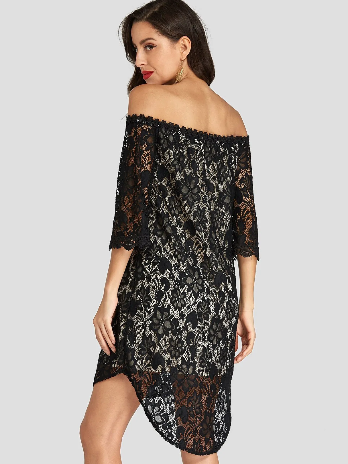 Wholesale Black Off The Shoulder 3/4 Length Sleeve Sheer See Through Curved Hem Dresses