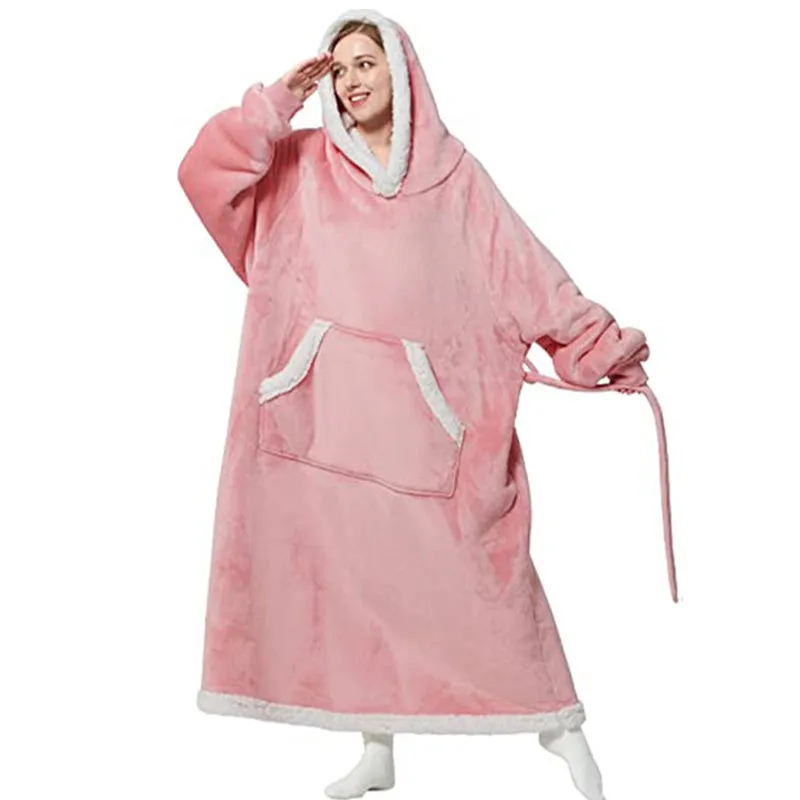 Winter Hoodie Fleece Robe With Button Design Oversized Pullover