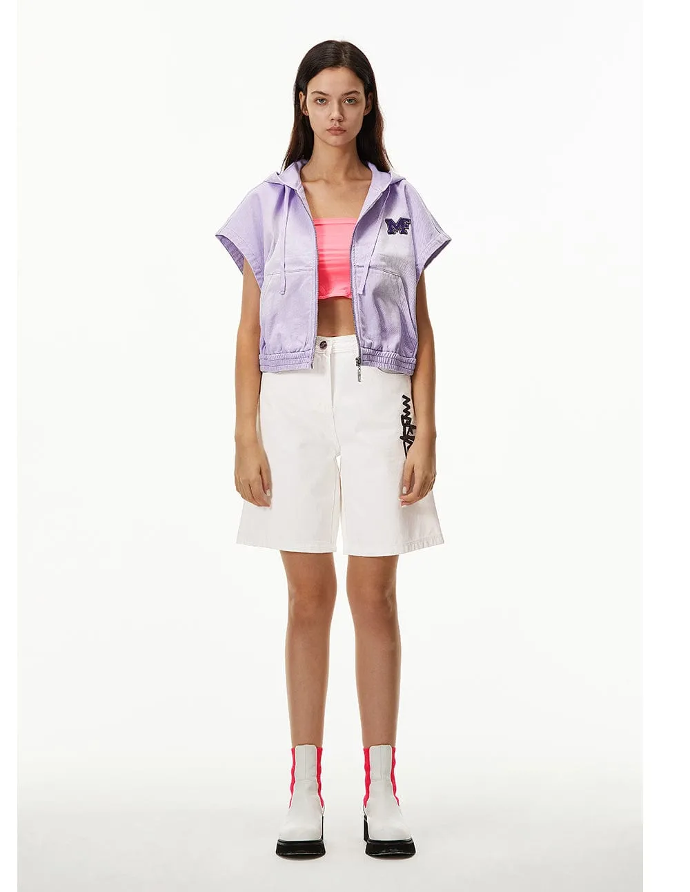 Women Embroidered Sleeveless Zip-Up Hooded Denim Jacket