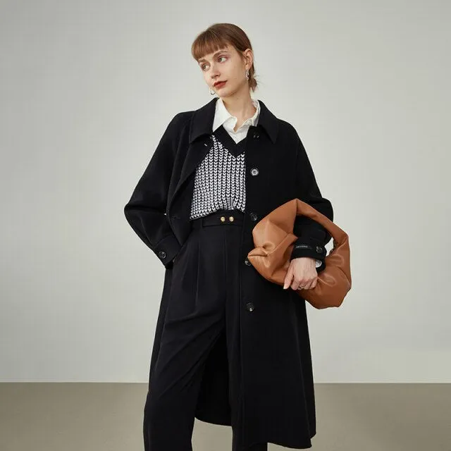 Women Mid-length Double-sided Woolen Coat Gentle Wind Skirt Type Creamy White 100% Wool Coat Commuter Simple Jackets