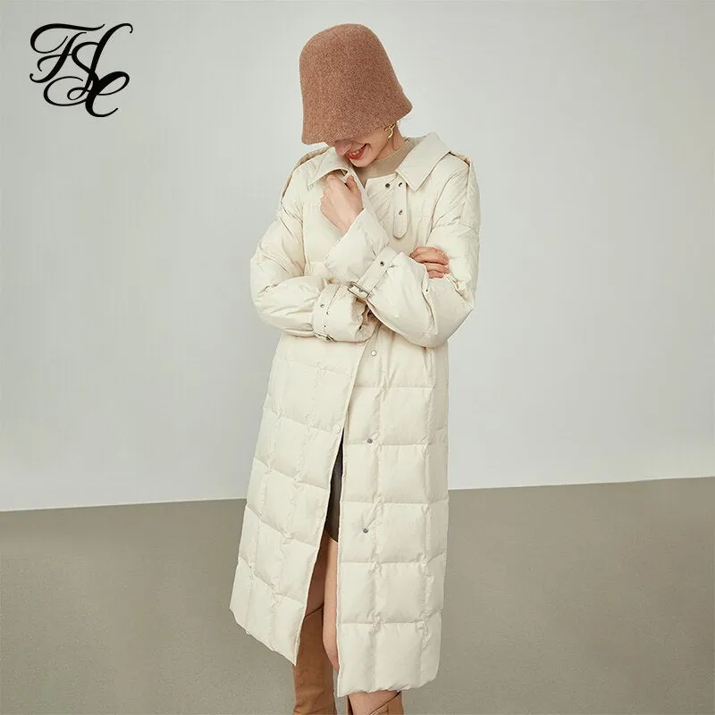 Women Trench Coat Style Down Jacket Black Mid-length Commuter Lapel Winter Jacket White Waist Down Coat Jacket Women