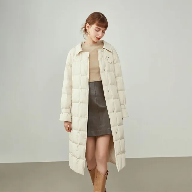 Women Trench Coat Style Down Jacket Black Mid-length Commuter Lapel Winter Jacket White Waist Down Coat Jacket Women