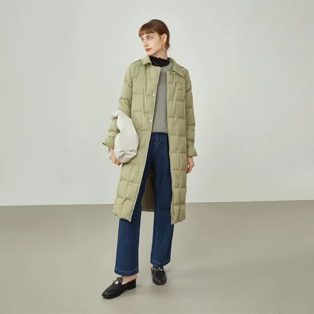 Women Trench Coat Style Down Jacket Black Mid-length Commuter Lapel Winter Jacket White Waist Down Coat Jacket Women