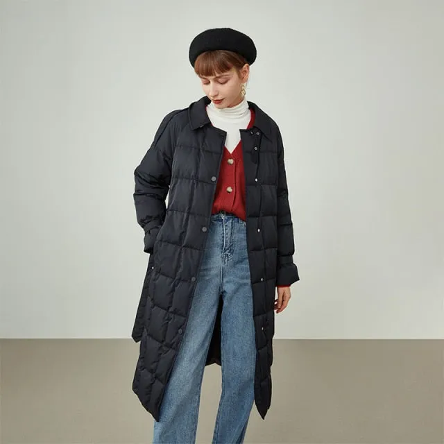 Women Trench Coat Style Down Jacket Black Mid-length Commuter Lapel Winter Jacket White Waist Down Coat Jacket Women