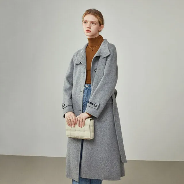 Women Winter 100% Wool Stand-up Collar Single-breasted Woolen Coat Straight Grey Commuter Cashmere Jackets For Women
