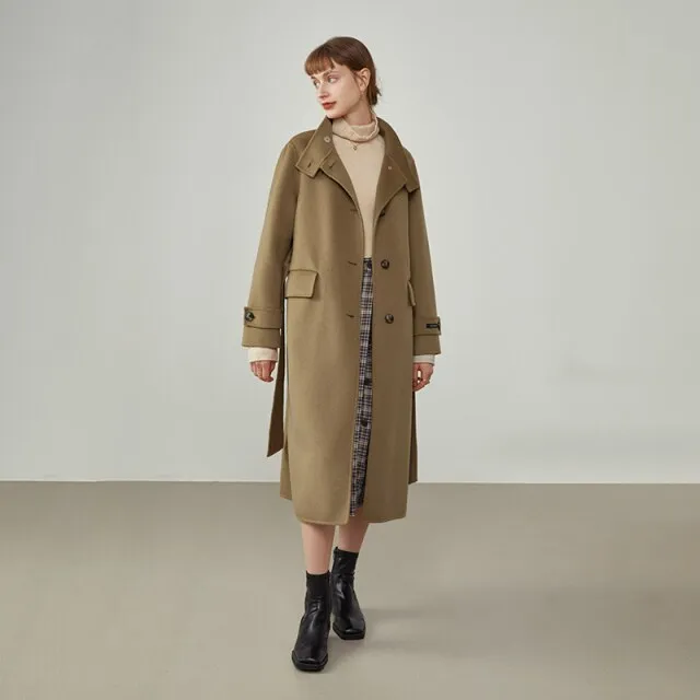 Women Winter 100% Wool Stand-up Collar Single-breasted Woolen Coat Straight Grey Commuter Cashmere Jackets For Women