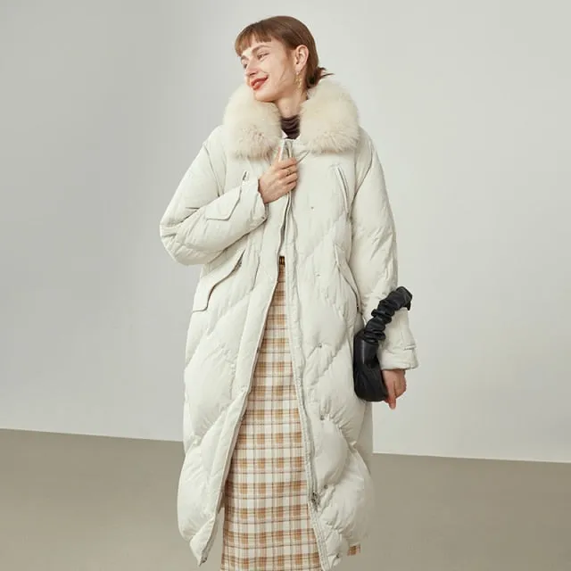 Women's Fox Fur Collar Long Beige Down Jacket Women  Winter Simple Commuter Thicken Warm Jackets Long Down Coats