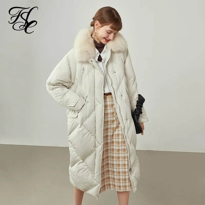 Women's Fox Fur Collar Long Beige Down Jacket Women  Winter Simple Commuter Thicken Warm Jackets Long Down Coats