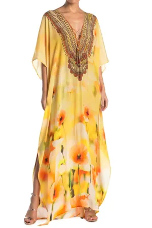 Yellow Kaftan Dress Floral Print